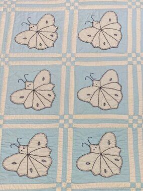 Handmade Butterfly Patterned Quilt Green and Cream Queen Quilt size Queen